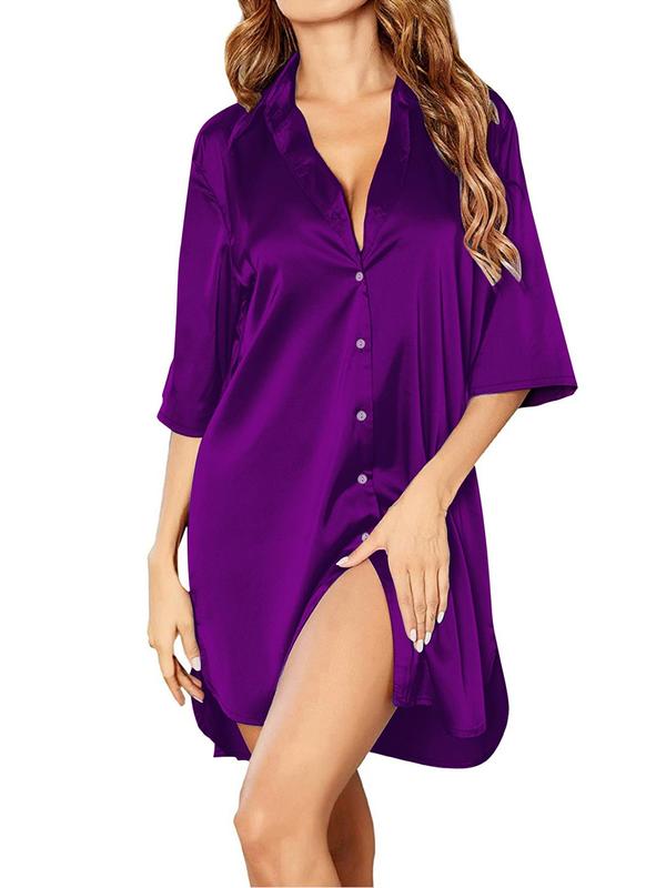 Women's Solid Button Front Split Hem Satin Nightdress, Casual Comfortable Drop Shoulder Nightgown, Ladies Sleepwear for All Seasons