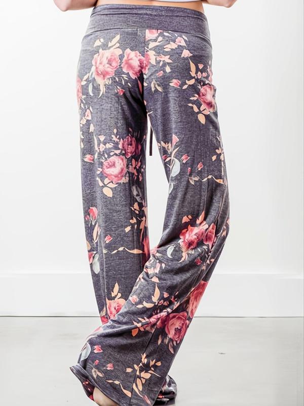 Women's Floral Print Drawstring Waist Wide Leg Pants, Boho Casual Comfy Contrast Binding Trousers for Daily Wear, Women's Bottoms for Spring & Fall