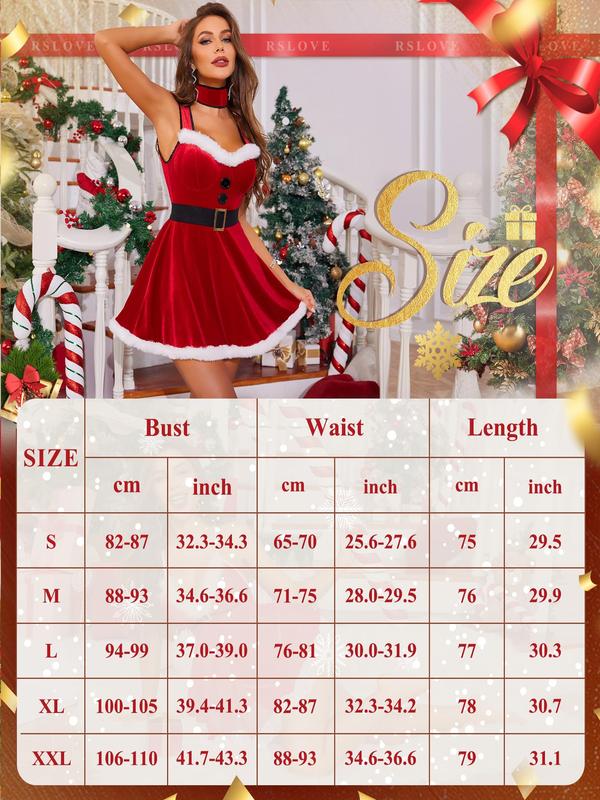 RSLOVE Women's Christmas Lingerie-Red Velvet Dress Babydoll Chemise & Sexy Santa Mrs Claus Costumes with Choker Belt Clothing Underwear Lady Comfort