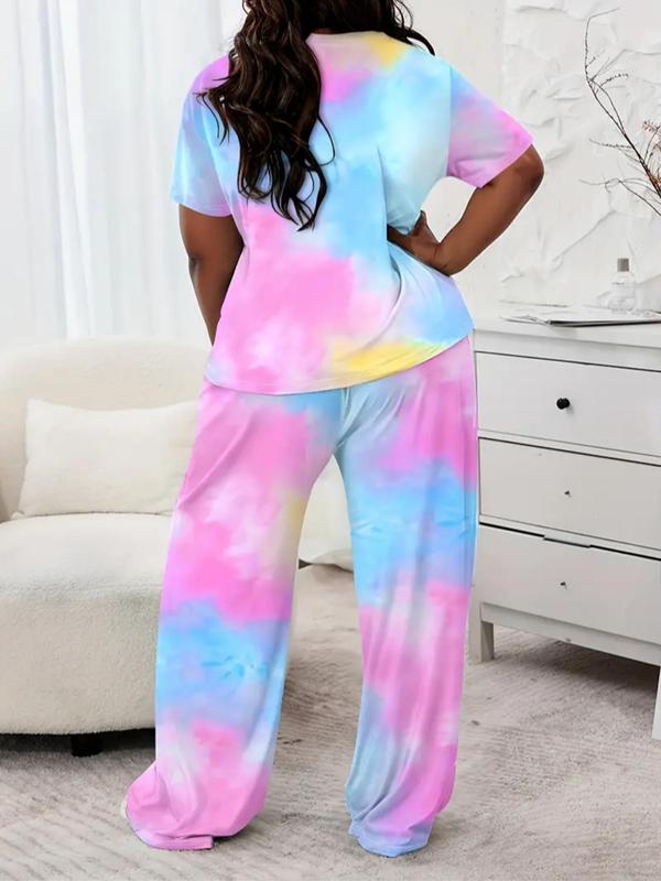  Two-Piece Set Tie Dye Print Tee & Elastic Waist Pants Pyjama Set, Casual Comfy Round Neck Short Sleeve T-Shirt & Trousers PJ Set, Women's Sleepwear for All Seasons