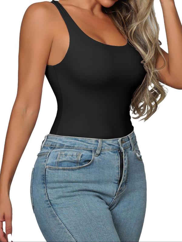 Women's Solid Round Neck Sports Tank Bodysuit, Casual Sleeveless Bodycon Bodysuit for Daily Wear, Ladies Sportswear for All Seasons