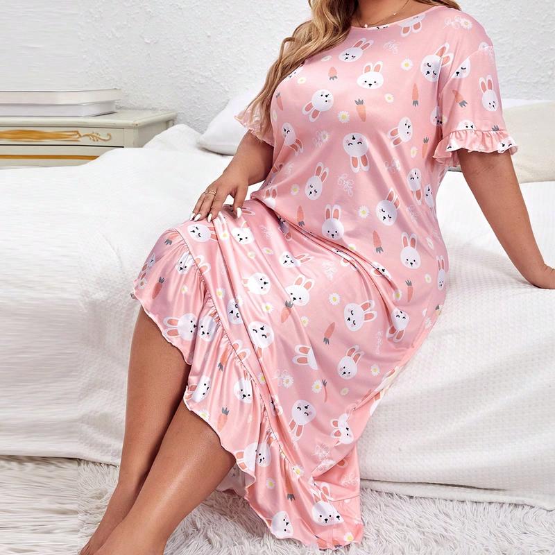 Plus size rabbit printed loose fitting dress, cute and sexy women's pajamas, comfortable and casual short sleeved ruffled edge pajamas, suitable for daily home wear, 2024 summer clothing, plus size clothing