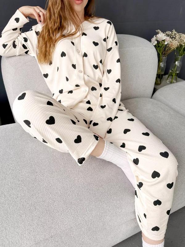 Two-Piece Set Women's Heart Print Waffle Knit Pajama, Casual Comfy Drop Shoulder Long Sleeve Shirt & Elastic Waist Pants PJ Set, Women's Sleepwear for Fall & Winter