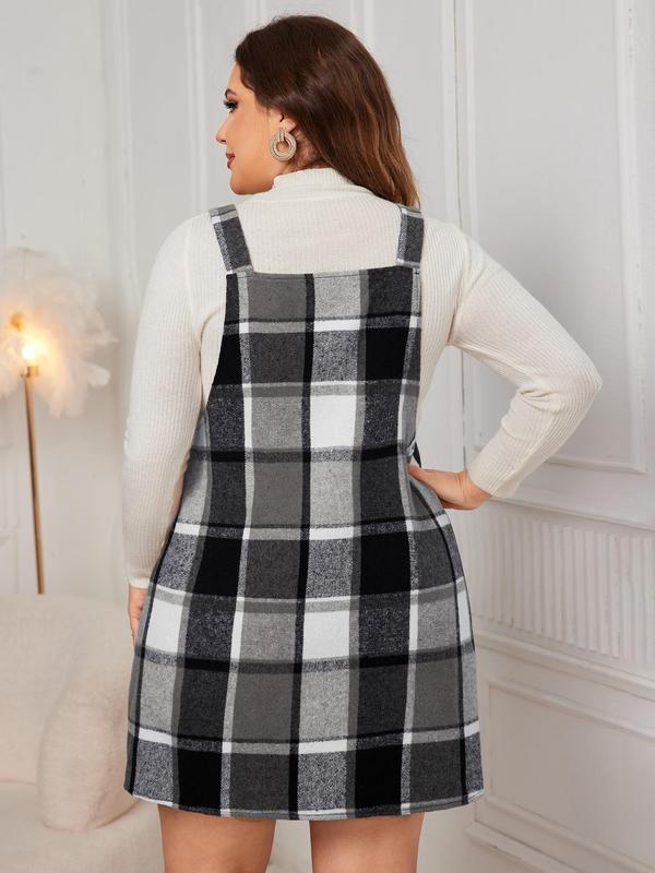 Plus Size Plaid Print Pocket Pinafore Dress, Casual Button Straps Overall Dress for Fall, Birthday Dress for Women, Plus Size Women's Clothing for Daily Wear Sleeveless