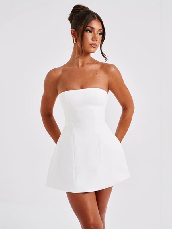 Women's Solid Backless Tube Dress, Fashionable Strapless A Line Short Dress for Party Club Dating Wear, Women Dress for Summer