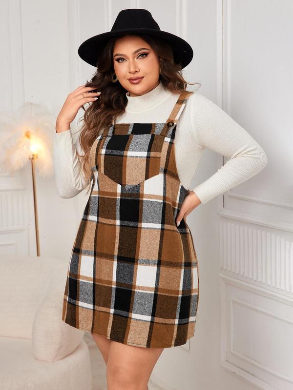 Plus Size Plaid Print Pocket Pinafore Dress, Casual Button Straps Overall Dress for Fall, Birthday Dress for Women, Plus Size Women's Clothing for Daily Wear Sleeveless