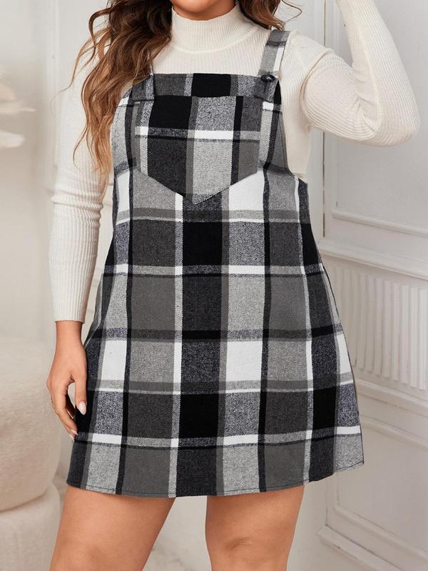 Plus Size Plaid Print Pocket Pinafore Dress, Casual Button Straps Overall Dress for Fall, Birthday Dress for Women, Plus Size Women's Clothing for Daily Wear Sleeveless