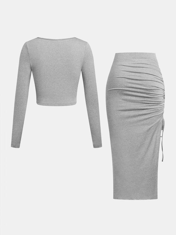 YOZY Two-Piece Set Women's Plain Crop Tee & Ruched Drawstring Skirt, Casual Fashion Cozy Square Neck Long Sleeve Top & Split Hem Bodycon Skirt for Daily Outdoor Wear, Ladies Clothes for All Seasons