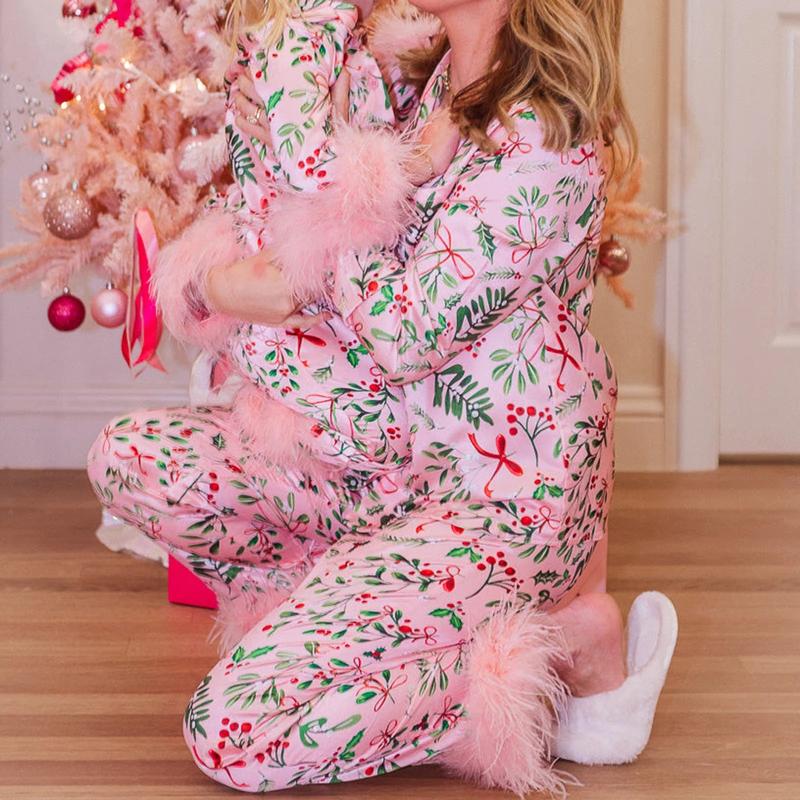 Imcute Mommy and Me Matching Pajamas Christmas Feather Trim Pajama Set 2 Piece Shirt Pants Sleep Sets for Mother Daughter