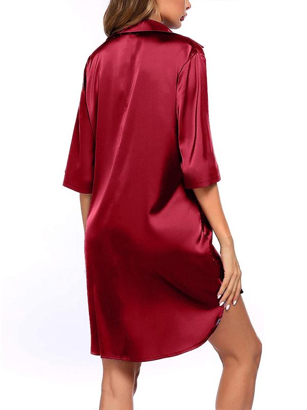 Women's Solid Button Front Split Hem Satin Nightdress, Casual Comfortable Drop Shoulder Nightgown, Ladies Sleepwear for All Seasons