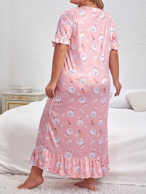 Plus size rabbit printed loose fitting dress, cute and sexy women's pajamas, comfortable and casual short sleeved ruffled edge pajamas, suitable for daily home wear, 2024 summer clothing, plus size clothing