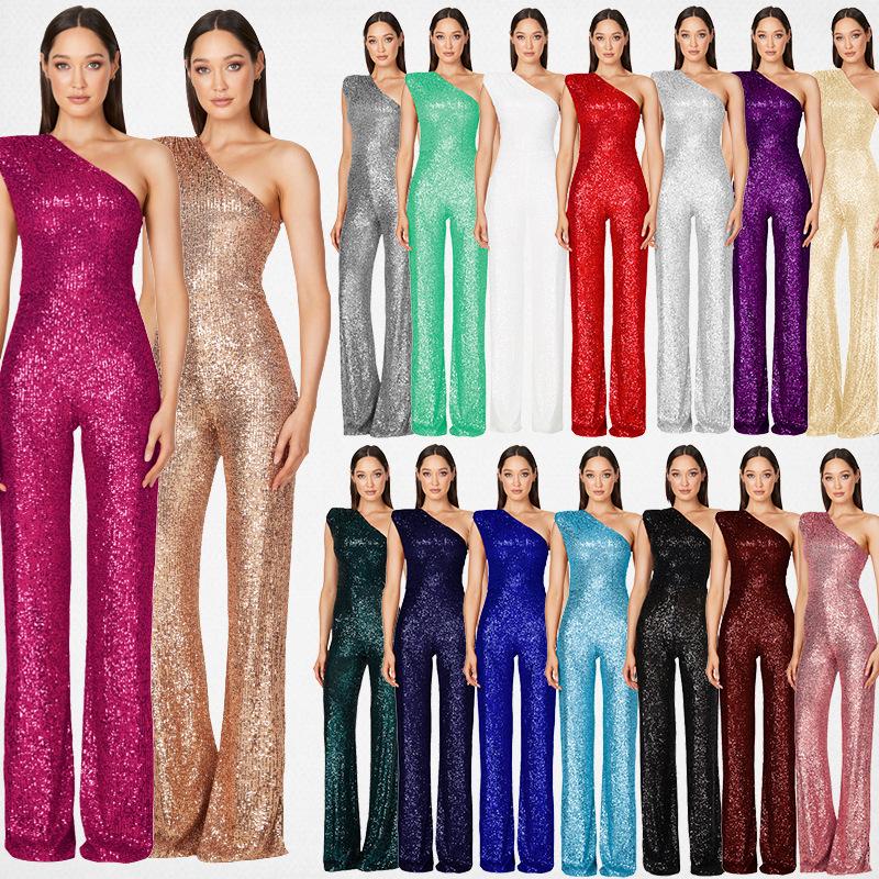 2024 New European and American Women's Clothing Jumpsuit Women's Summer Ins Sleeveless One-Shoulder Sequined Jumpsuit