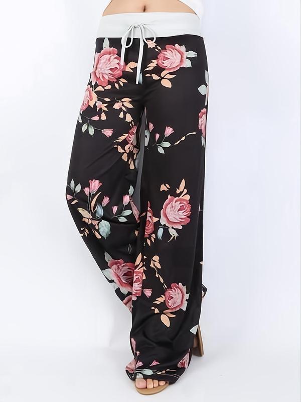 Women's Floral Print Drawstring Waist Wide Leg Pants, Boho Casual Comfy Contrast Binding Trousers for Daily Wear, Women's Bottoms for Spring & Fall