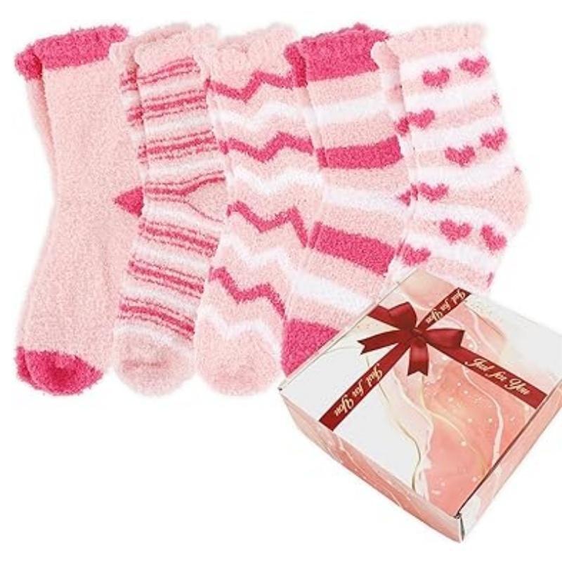 5 Pairs Pink Fuzzy Socks,Warm Socks for Winter,Gifts for Women,Cute Socks,Christmas Valentine's Gifts for Women