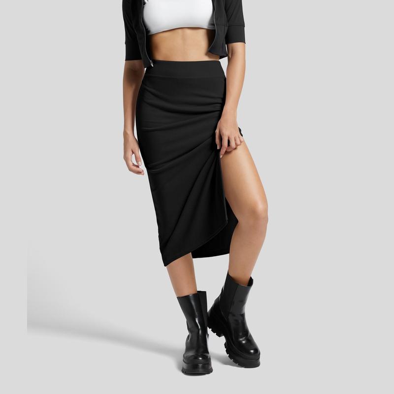 Ribbed High Waisted Split Bodycon Midi Casual Skirt