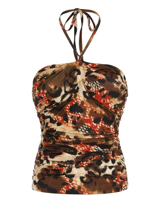 Women's Leopard Print Ruched Tie Back Halter Top, Casual Fashion Sleeveless Top for Daily Outdoor Wear, Women Clothing for Fall & Winter