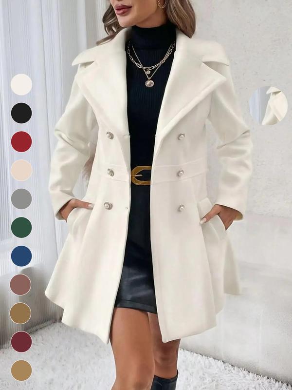 Coolcool Exclusive Coat Women's Solid Double Button Pocket Overcoat,  Winter Wear, Casual Long Sleeve Lapel Neck Outerwear for Fall & Winter, Trendy Fall Wear 2024, Women's Party Clothes for Daily Wear