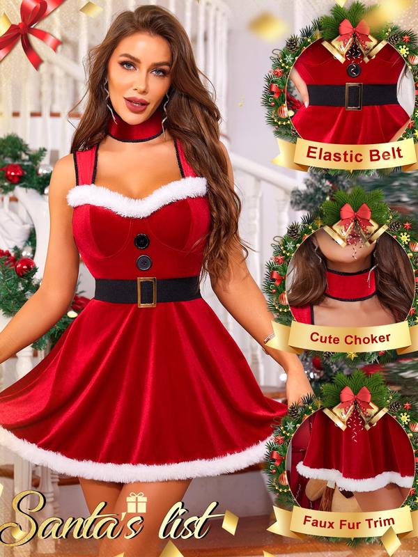 RSLOVE Women's Christmas Lingerie-Red Velvet Dress Babydoll Chemise & Sexy Santa Mrs Claus Costumes with Choker Belt Clothing Underwear Lady Comfort