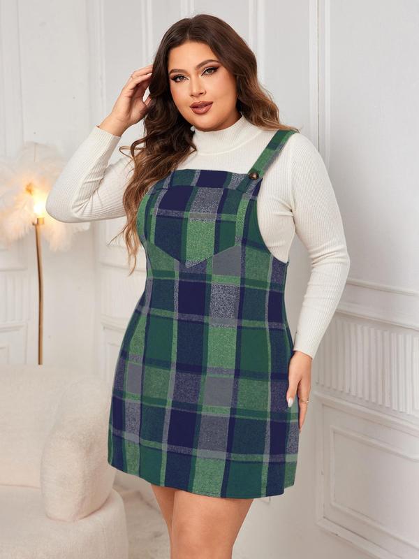 Plus Size Plaid Print Pocket Pinafore Dress, Casual Button Straps Overall Dress for Fall, Birthday Dress for Women, Plus Size Women's Clothing for Daily Wear Sleeveless