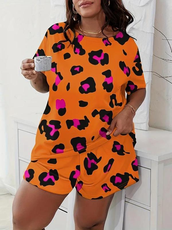 Two Counts All Over Print Drop Shoulder Shortsleeve Tee & Wide Leg Shorts PJ Cute Nightwear Loungewear Set, Summer Clothes Women, Casual Comfy Round Neck Short Sleeve T-Shirt & Shorts Pajama Set, Summer Wear 2024, Womenswear Pajamas