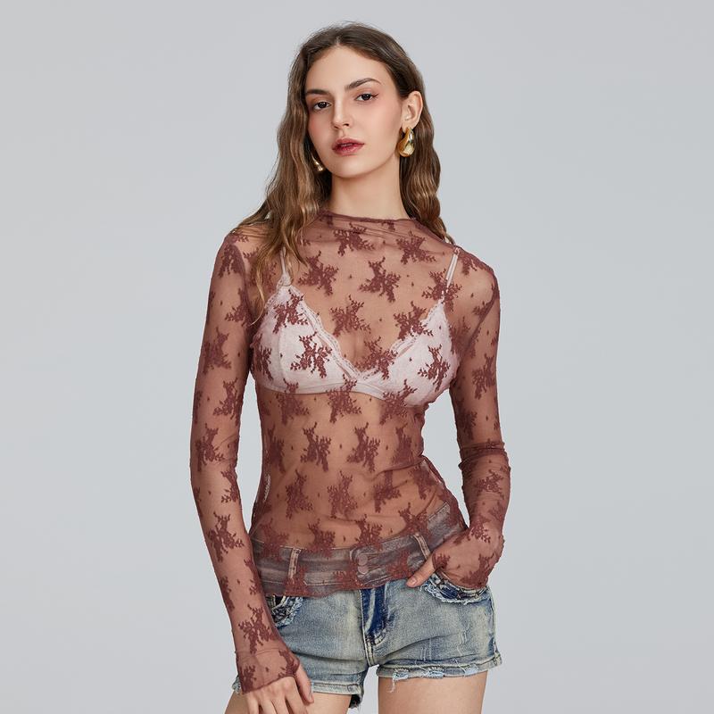 Women Long Sleeve T-Shirts Mesh See-Through Mock Neck Lace Shirts Spring FallFit Tops Streetwear Womenswear Blouse