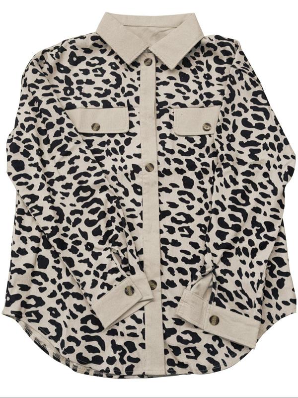 Women's Leopard Print Button Front Drop Shoulder Shirt, Casual Long Sleeve Collared Top for Fall & Winter, Women's Clothes for Daily Wear