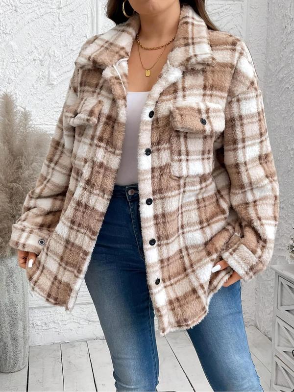 Women's Plaid Print Button Front Drop Shoulder Fuzzy Quilted Jacket, Casual Long Sleeve Collared Pocket Outerwear for Fall & Winter, Ladies Clothes for Daily Wear