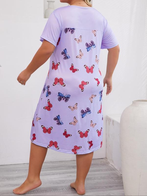 Plus Size All Over Print Round Neck Nightdress, Casual Soft Comfortable Short Sleeve Nightgown, Women's Sleepwear for Summer