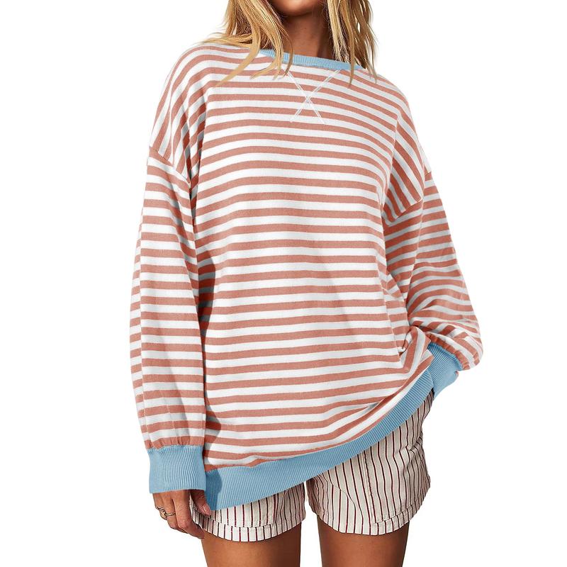 Fisoew Womens Striped Oversized Sweaters Color Block 2024 Fall Trendy Crew Neck Puff Sleeve Tunic Sweater