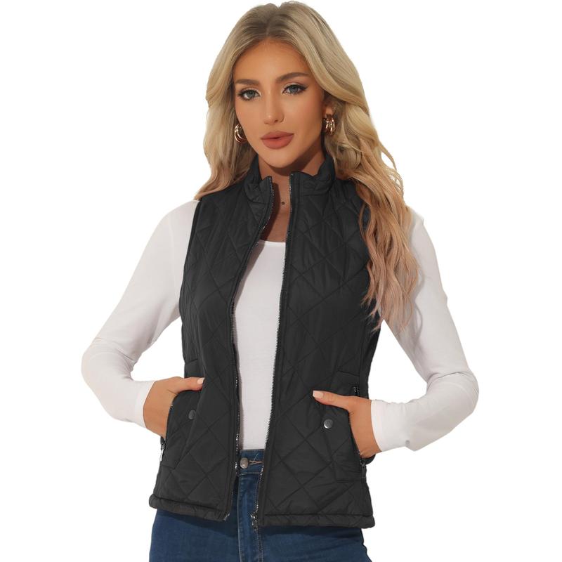 Allegra K Puffer Vest Stand Collar Lightweight Gilet Quilted Zip Vest Black