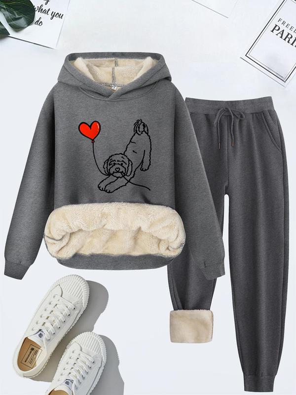 Women's Heart & Dog Print Hoodie & Drawstring Waist Sweatpants Thermal Lined Set, Casual Long Sleeve Hooded Sweatshirt & Pocket Jogger Pants, Women's Fall & Winter Clothes