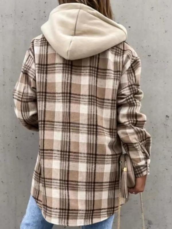 Women's Plaid Print Flap Pockets Button Front Hooded Overcoat, Casual Drop Shoulder Hooded Coat for Fall & Winter, Women's Clothing, Please Purchase A Size Up