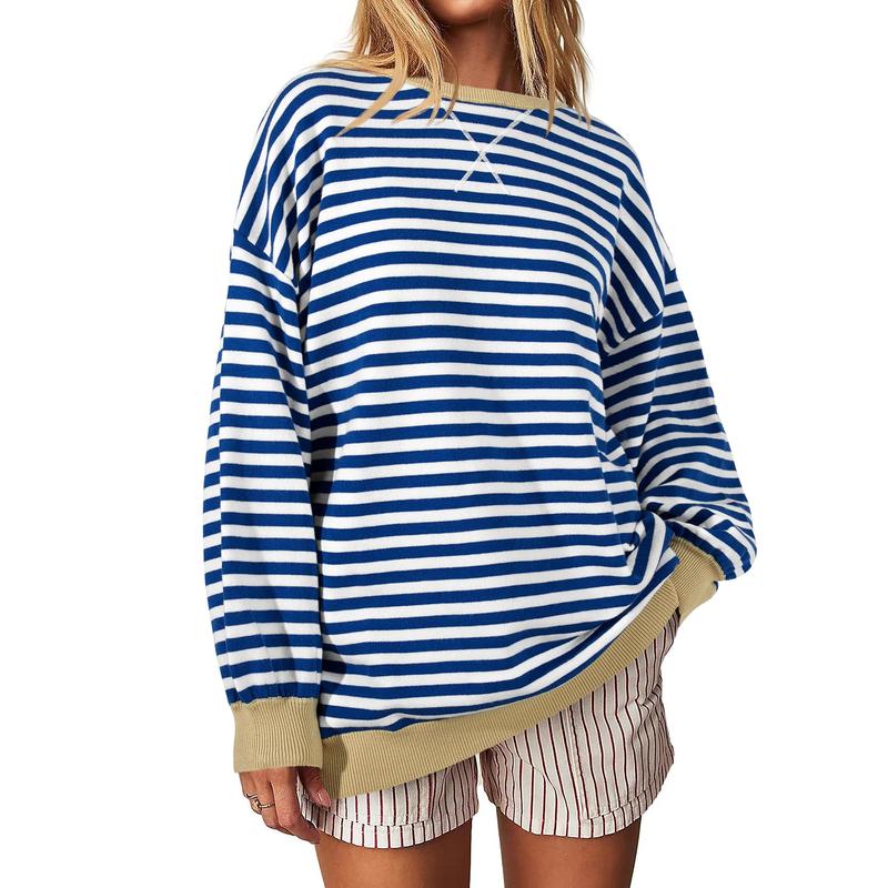 Fisoew Womens Striped Oversized Sweaters Color Block 2024 Fall Trendy Crew Neck Puff Sleeve Tunic Sweater