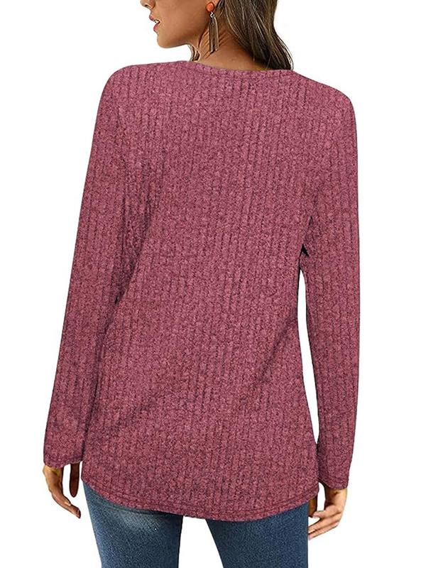 Women's Plain Button Front Ribbed Tee, Casual Long Sleeve Square Neck Top for Fall & Winter, Ladies' Knitwear for Daily Wear