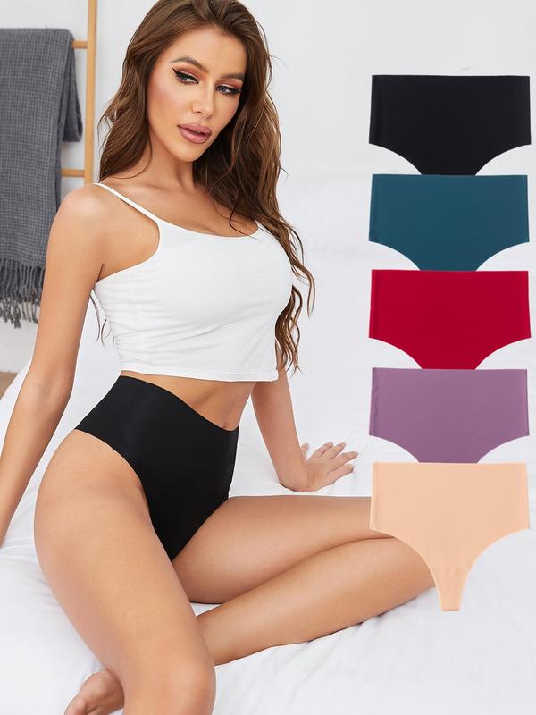 Women's 5 Pieces Solid High Waist Thong, Casual Comfortable Seamless Knicker for Daily Wear, Ladies Underwear for All Seasons