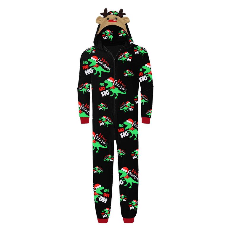 Christmas Family Matching Jumpsuit, Long Sleeve Hooded Dinosaur Print Zipper Closure Loungewear