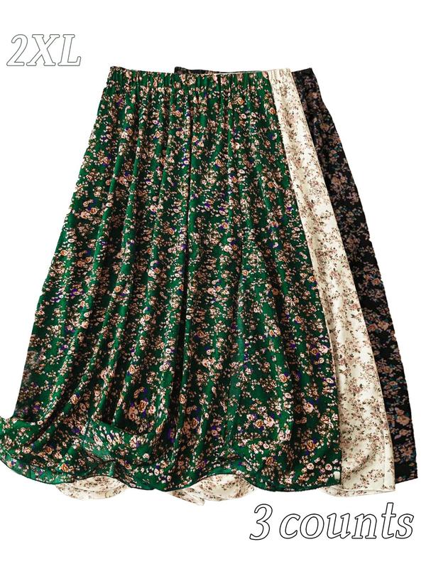  Ditsy Floral Print Elastic Waist Flared Skirt, Boho High Waist Long A-Line Skirt for Daily Holiday Vacation Wear, Women's Bottoms for Spring & Fall