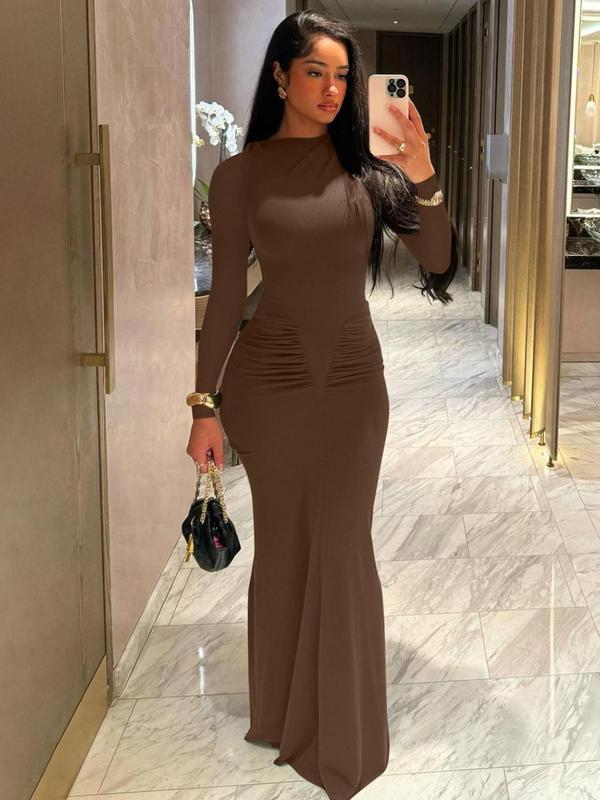 Women's Plain Ruched Stand Collar Bodycon Evening Dress, Elegant Long Sleeve Maxi Dress for Party & Banquet, Women's Clothing for Fall & Winter