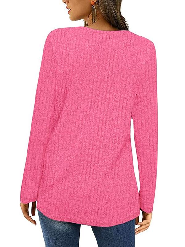 Women's Plain Button Front Ribbed Tee, Casual Long Sleeve Square Neck Top for Fall & Winter, Ladies' Knitwear for Daily Wear