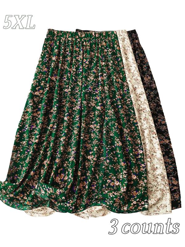  Ditsy Floral Print Elastic Waist Flared Skirt, Boho High Waist Long A-Line Skirt for Daily Holiday Vacation Wear, Women's Bottoms for Spring & Fall