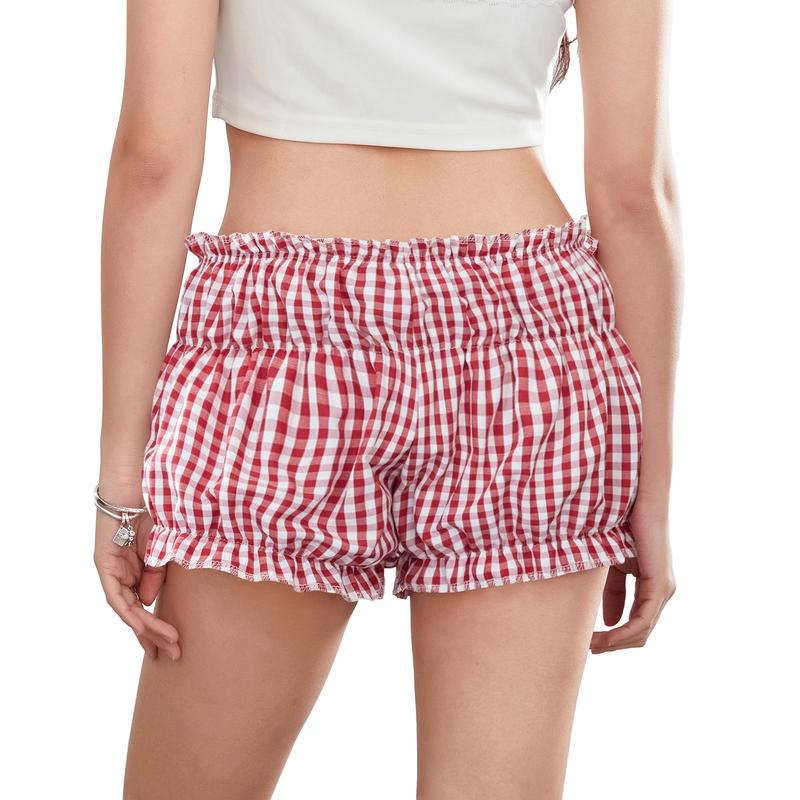 Women Summer Ruffled Shorts Casual Plaid Print Elastic Waist Short Pants for Beach Nightclub Streetwear