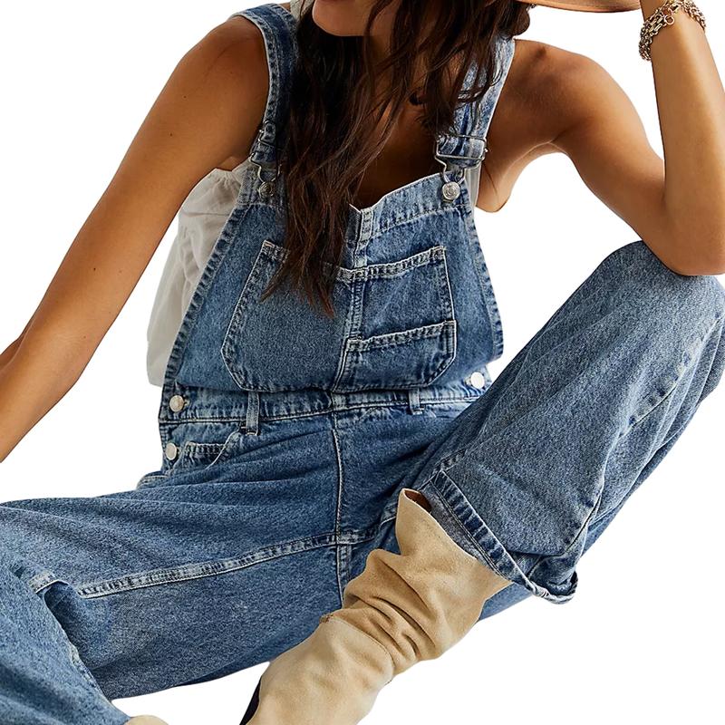 Women Denim Long Jumpsuit Casual Spaghetti Strap Wide Leg Romper Pants Summer Baggy Bib Overalls Womenswear Mum Sleeveless Tops