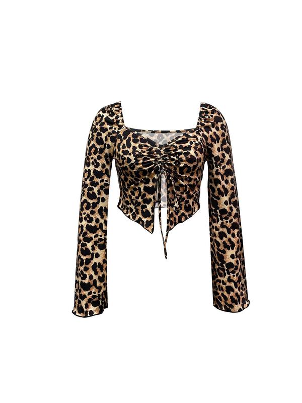 Women's Leopard-Print Tie Front Crop Top, 1 Count Fashion Casual Square Neck Long Sleeve Top for Daily Outdoor Wear, Ladies Clothes for All Seasons