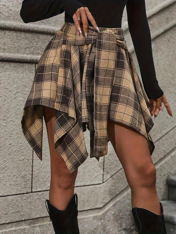 Women's Plaid Print Tie Front Asymmetrical Hem Skirt, Casual Fashion Flared Skirt for Daily Wear, Ladies Bottoms for All Seasons