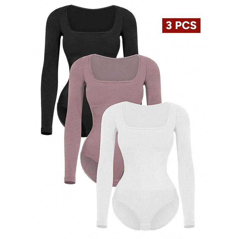 Women's Long Sleeve Square Neck Bodysuit Tummy Control Seamless 3 Pack