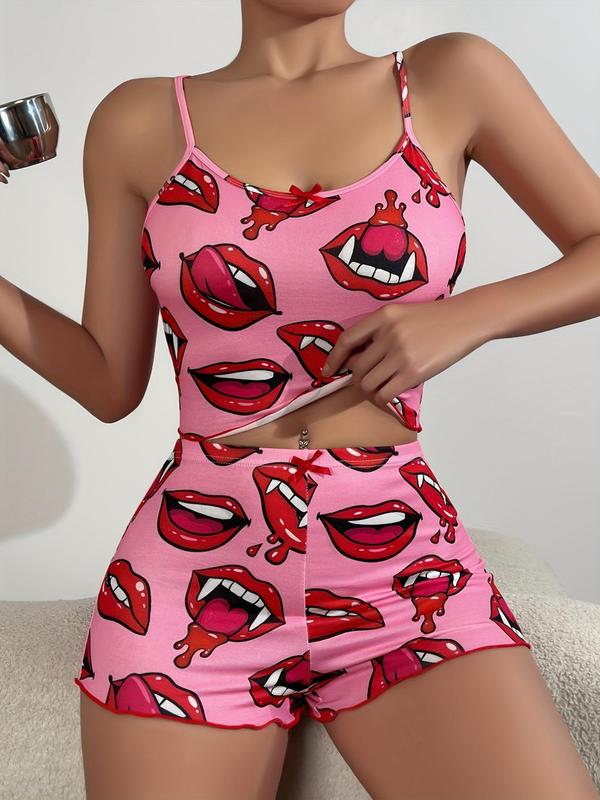 Women's All Over Lip Print Bow Decor Crop Cami Top & Shorts Pyjama Set, Casual Comfy Lettuce Trim Criss Cross Sleeveless Top & Elastic Waist Shorts PJ Set, Ladies Sleepwear for All Seasons