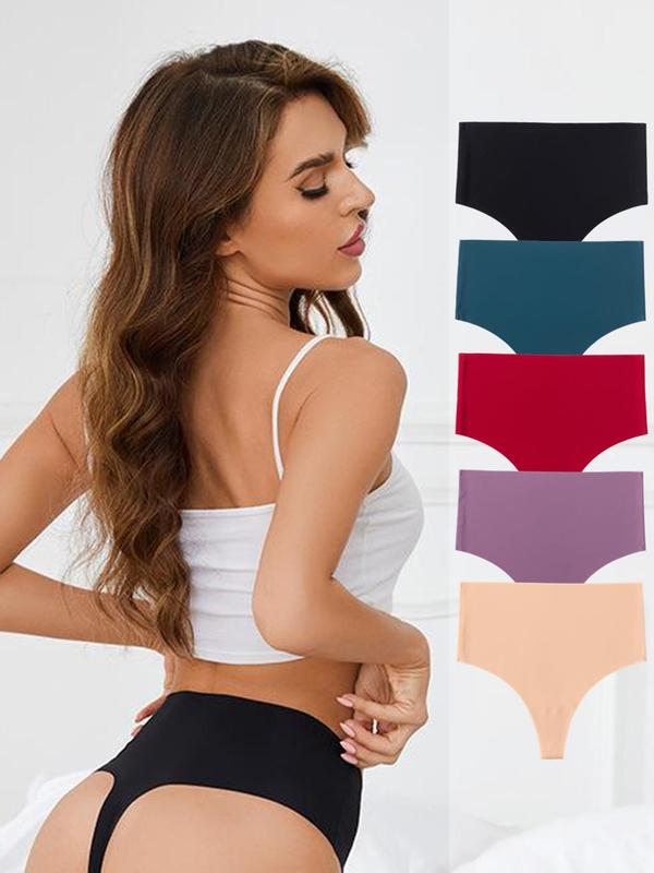 Women's 5 Pieces Solid High Waist Thong, Casual Comfortable Seamless Knicker for Daily Wear, Ladies Underwear for All Seasons