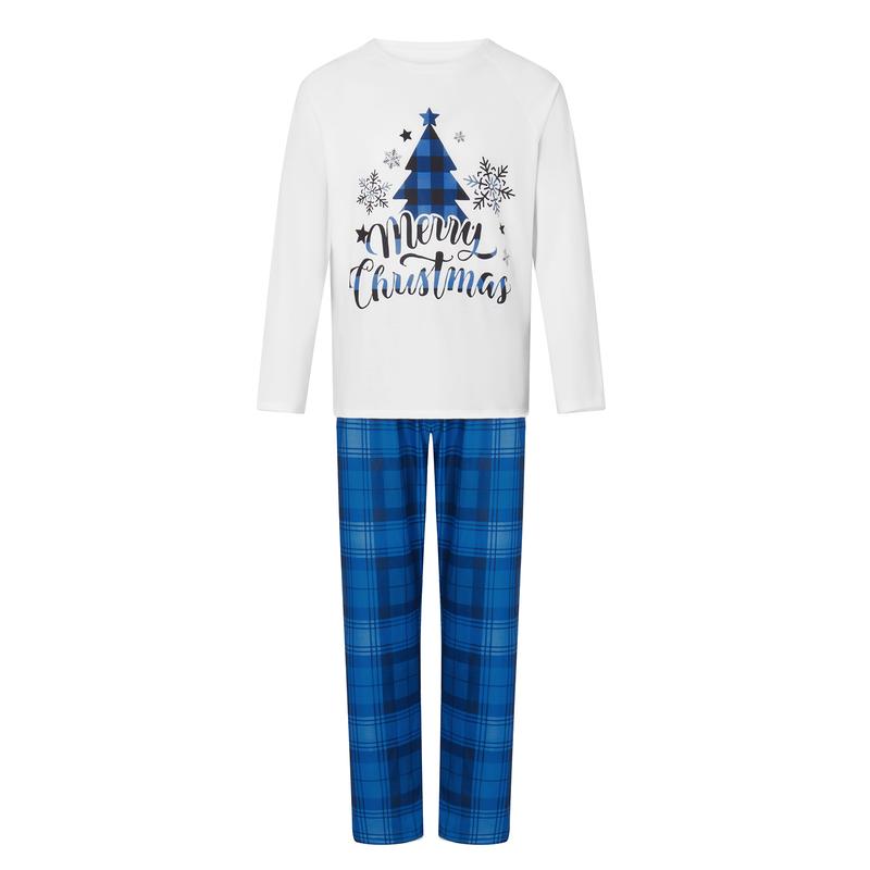 [Dad's Size Started From M] Family Matching Christmas Pajamas, Christmas Tree&Letter Print Long-Sleeved Tops + Plaid Trousers Sleepwear Outfits