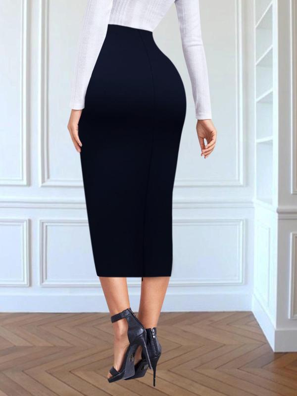 Women's Solid Color Zipper Pencil Skirt, Elegant Fashion Casual High Waist Midi Skirt for Work Office Business, Ladies Clothes for All Seasons