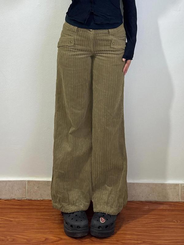 Women's Plain Button Fly Corduroy Pants, Casual Wide Leg Trousers for Daily Wear, Ladies Bottoms for All Seasons